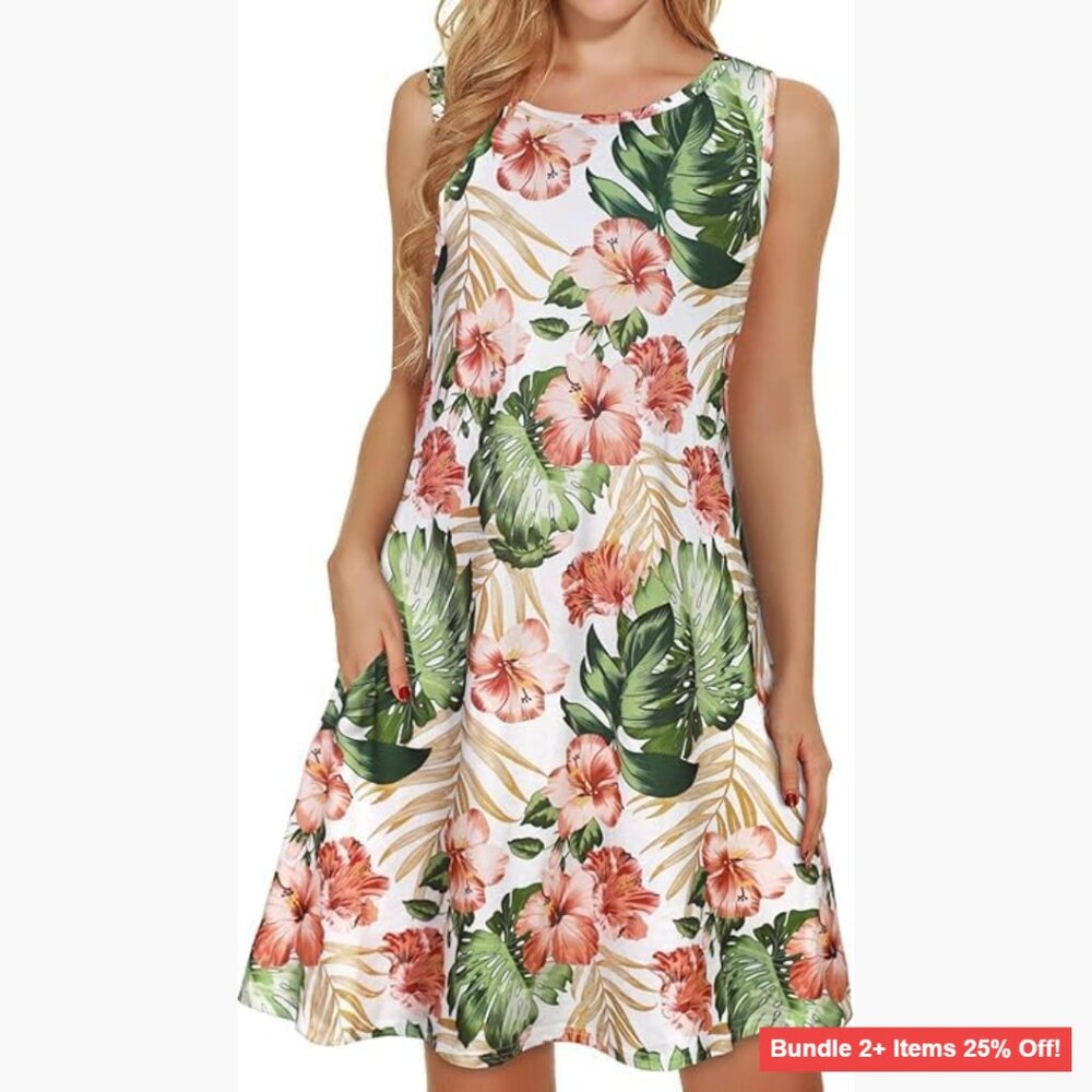 Sleeveless Floral Sundress with Pockets, Loose Fit, Knee Length